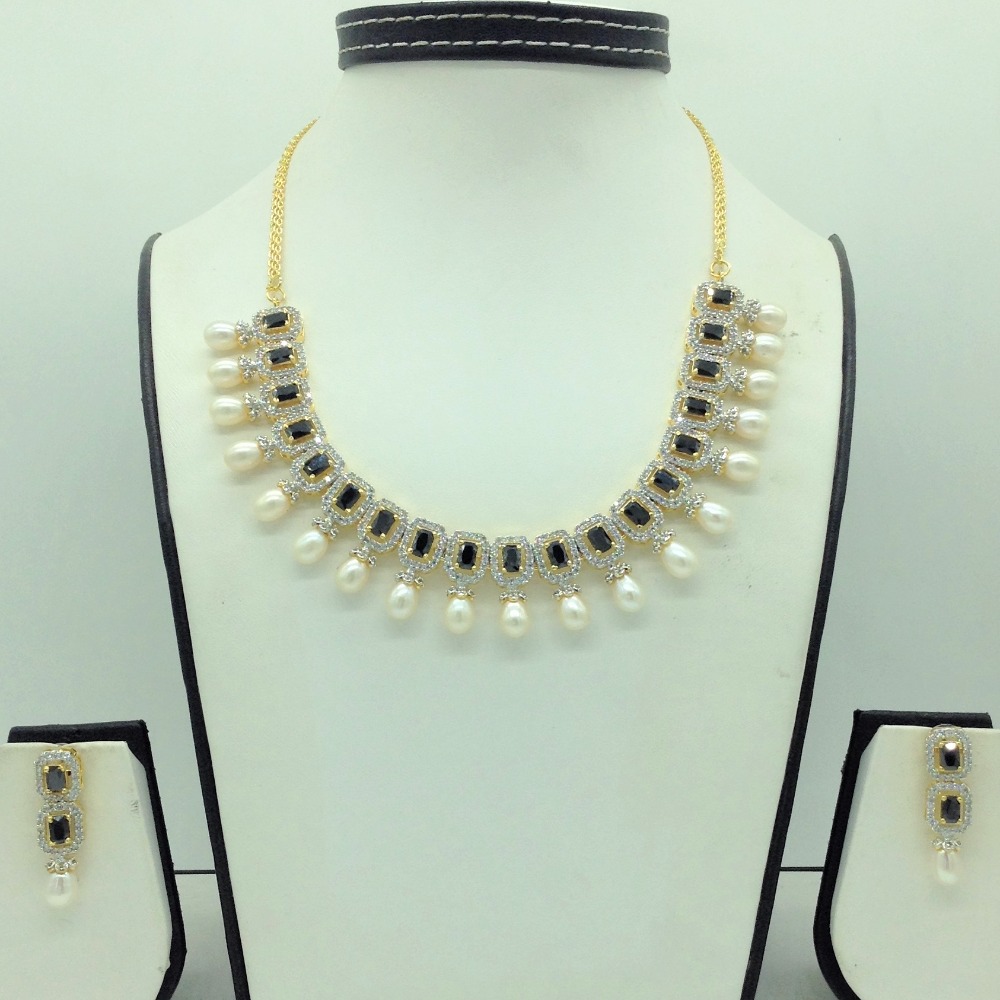 White Blue CZ Stones and Tear Drop Pearls Necklace Set JNC0144