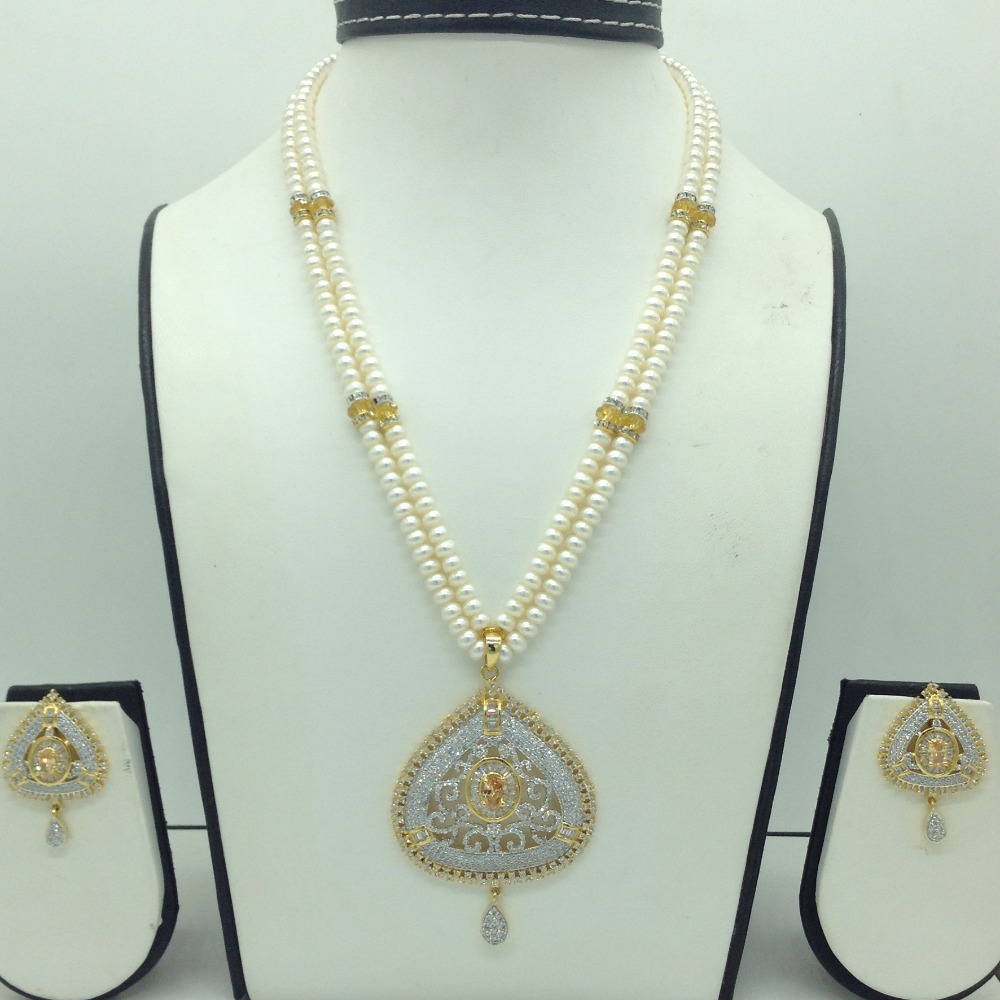 White,golden cz pendent set with 2 line flat pearls jps0703
