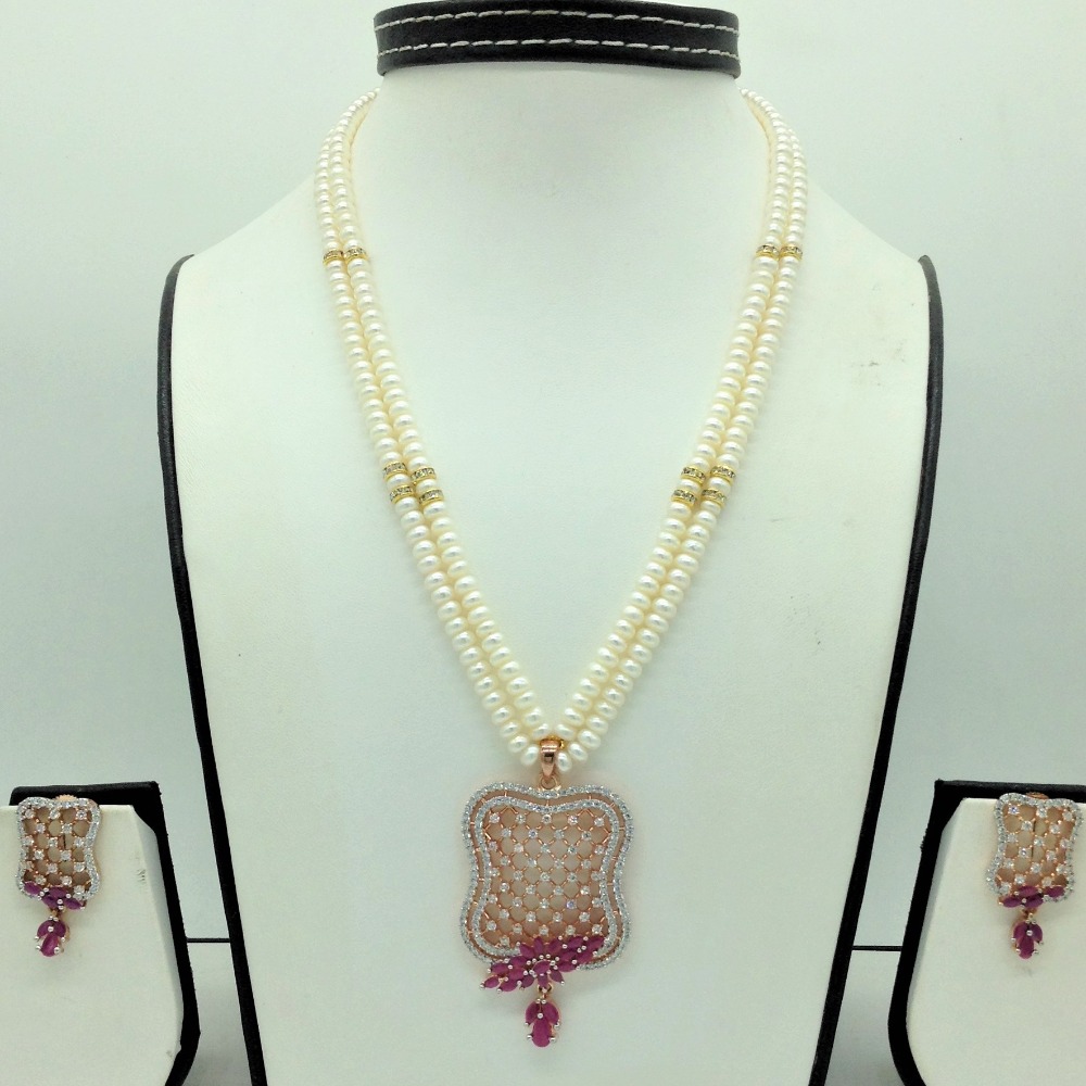 White,red cz pendent set with 2 line flat pearls jps0701