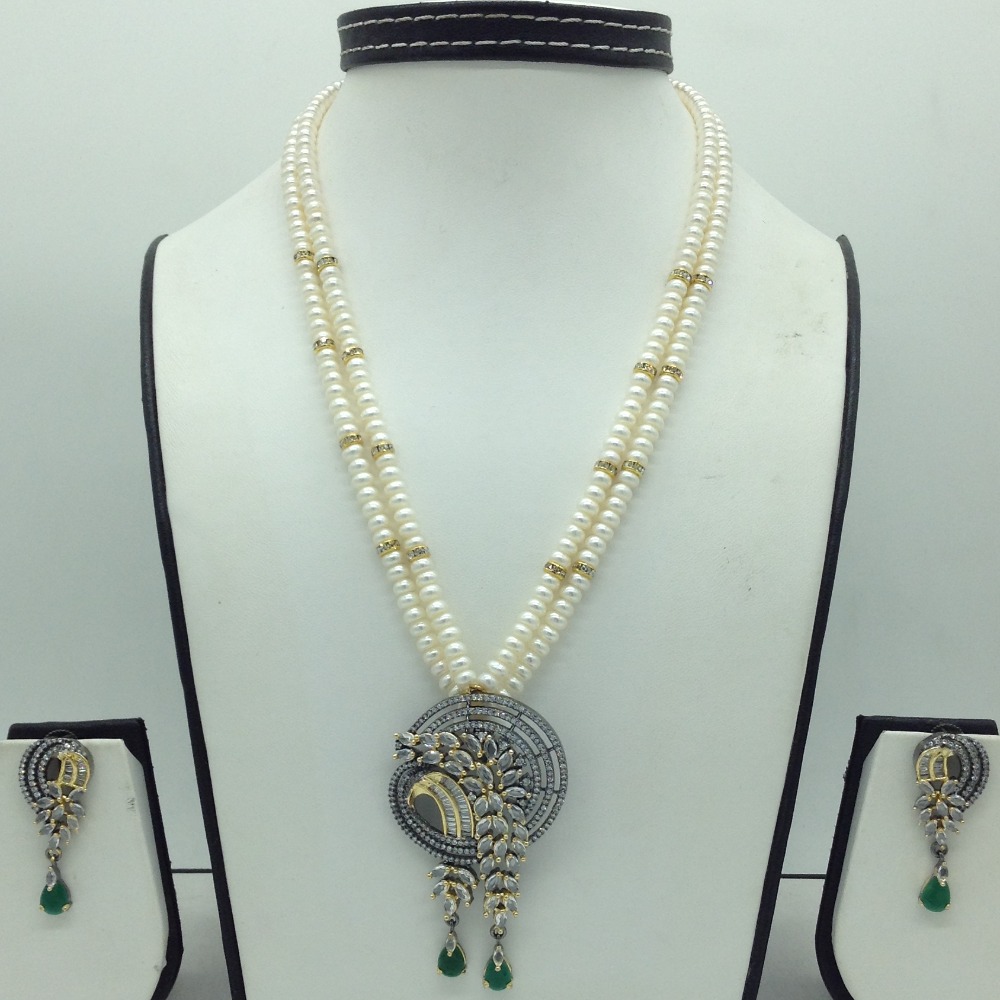 White,green cz pendent set with 2 line flat pearls jps0692