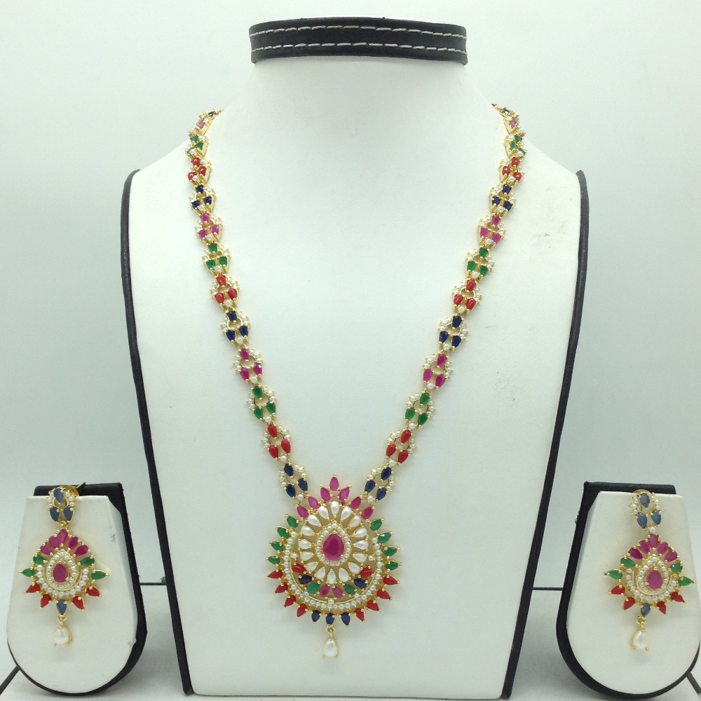 Multicolour cz and white pearls long haar set jnc0140