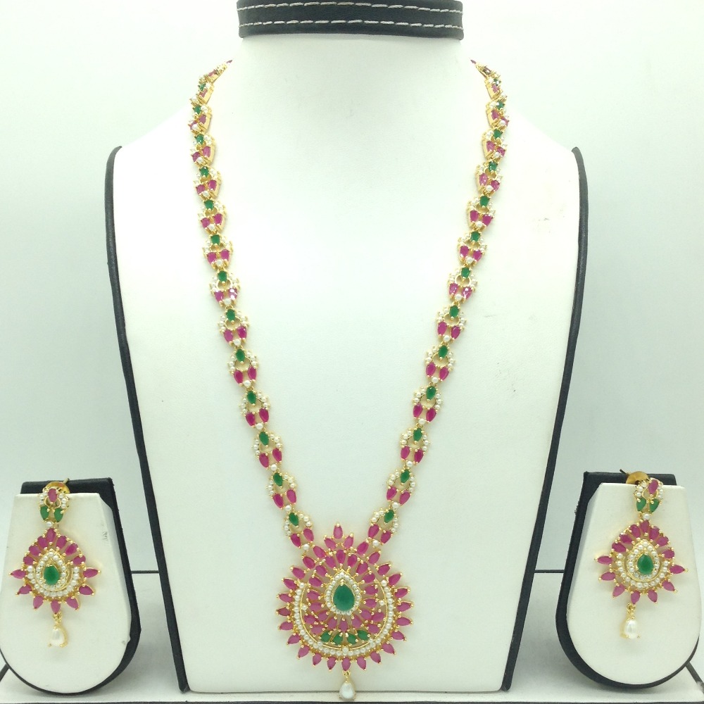Red, green cz and white pearls long haar set jnc0137