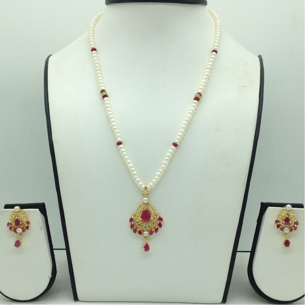 White,red cz pendent set with 1 line flat pearls mala jps0687