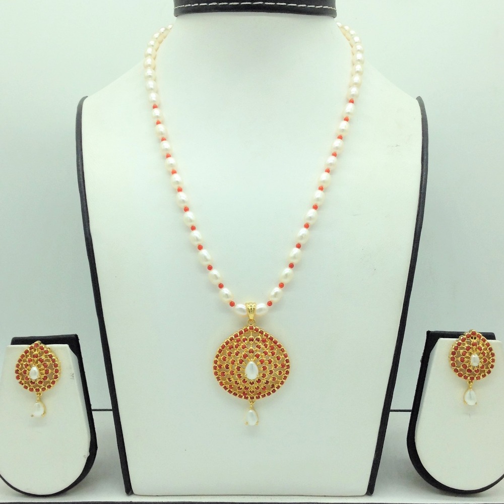 Pearls and coral pendent set with 1 line oval pearls mala jps0686