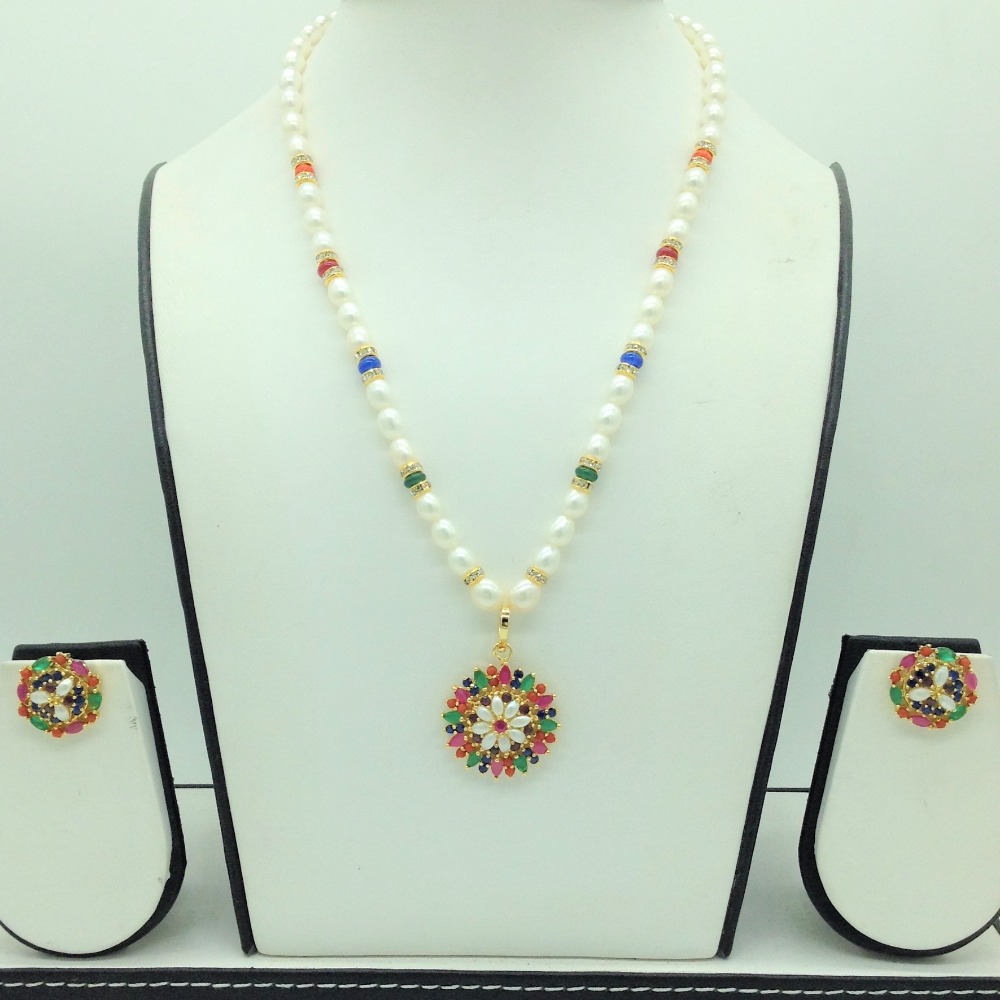Navratan Pendent Set With 1 Line Oval Pearls Mala JPS0682