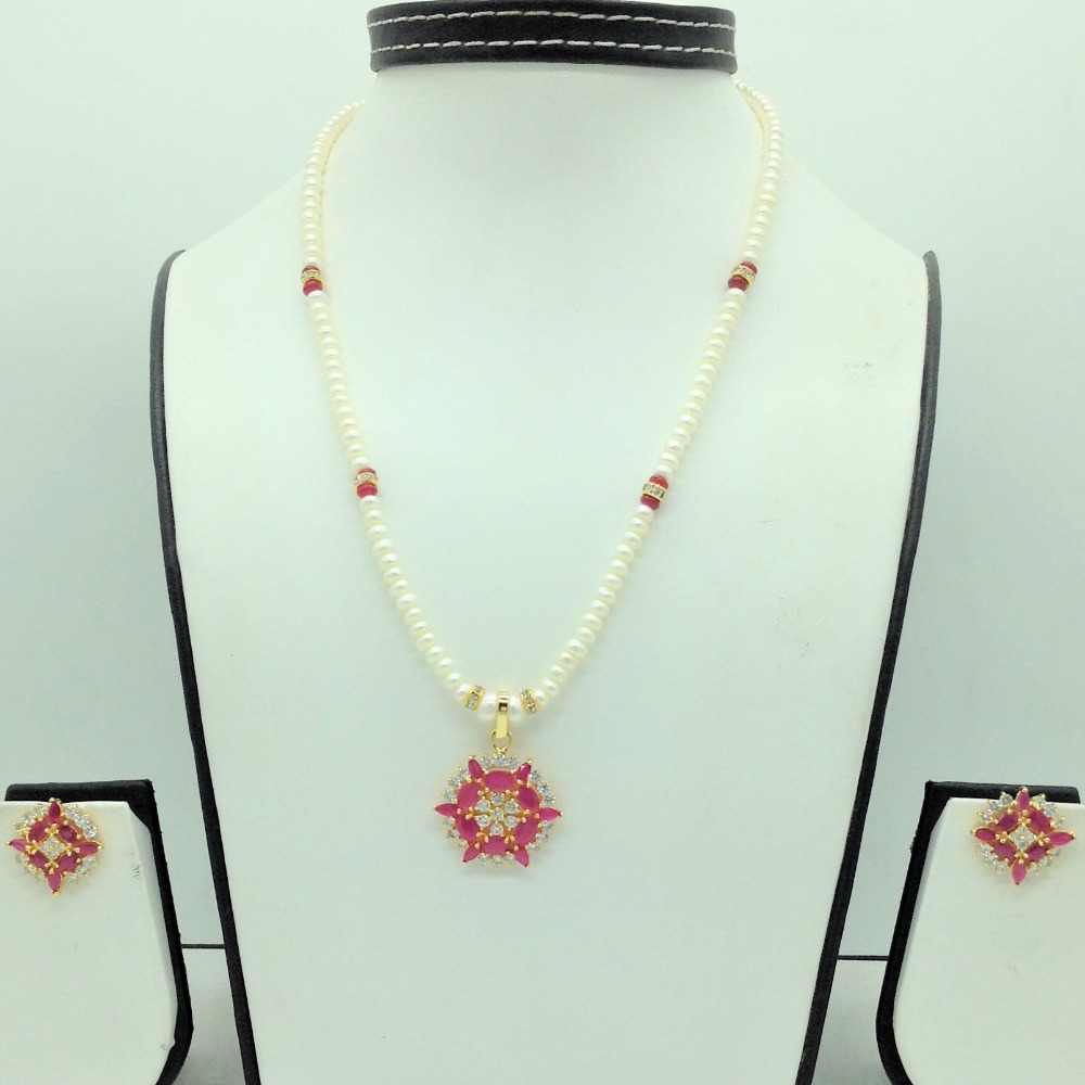 White,red cz pendent set with 1 line flat pearls mala jps0679