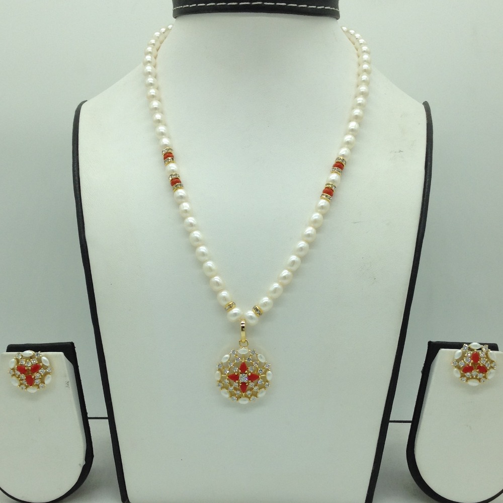 White,red cz pendent set with 1 line oval pearls mala jps0677