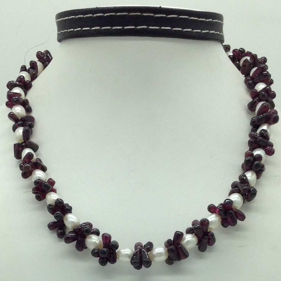 Freshwater White Oval Pearls with Garnets Mala JPM0472