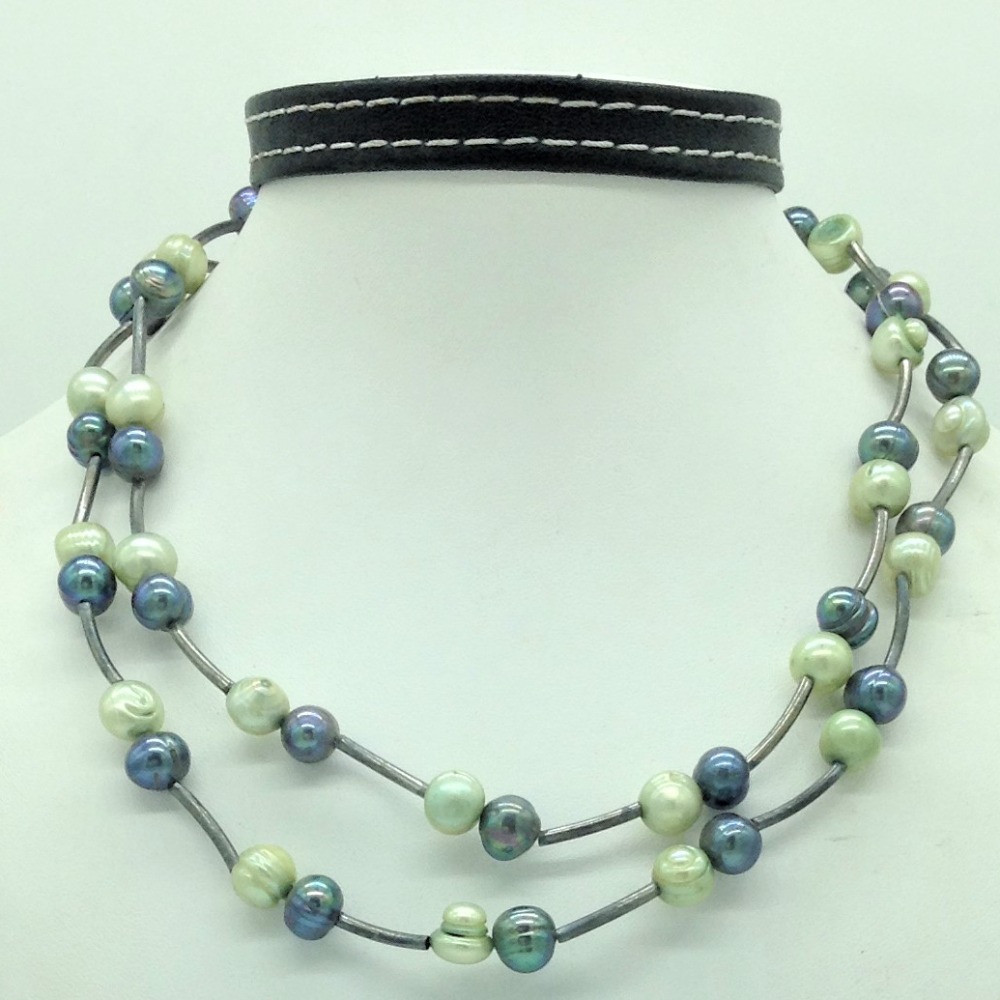 Freshwater green and grey potato pearls long pipe mala jpm0471