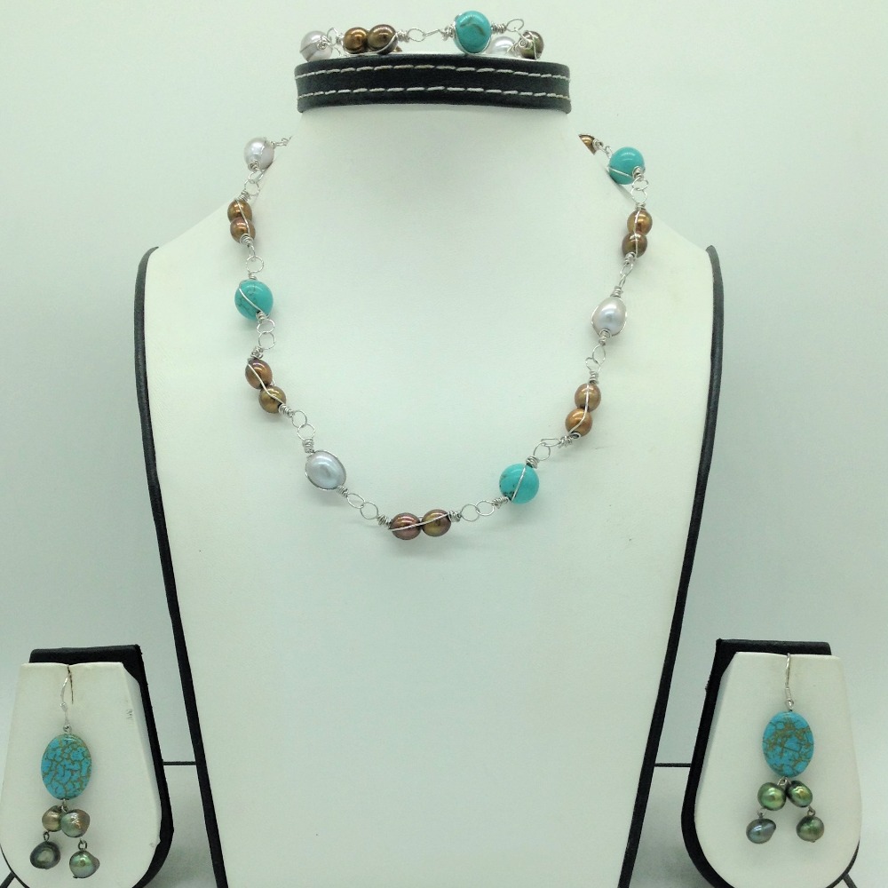 Freshwater multicolour pearls and turquoise set in wire mesh jpp1087