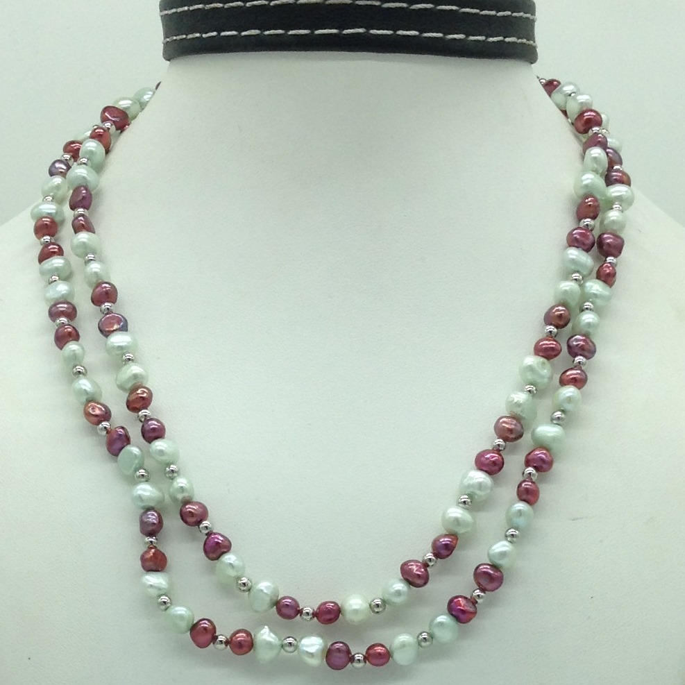 Freshwater pink and green potato pearls long mala jpm0450