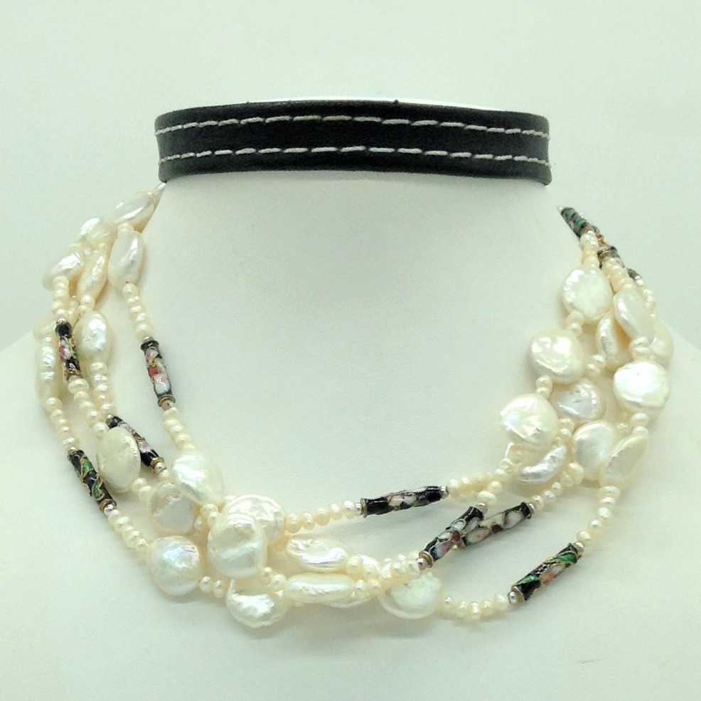 White Baroque And Seed Pearls Enamel Balls Long Mala JPM0445