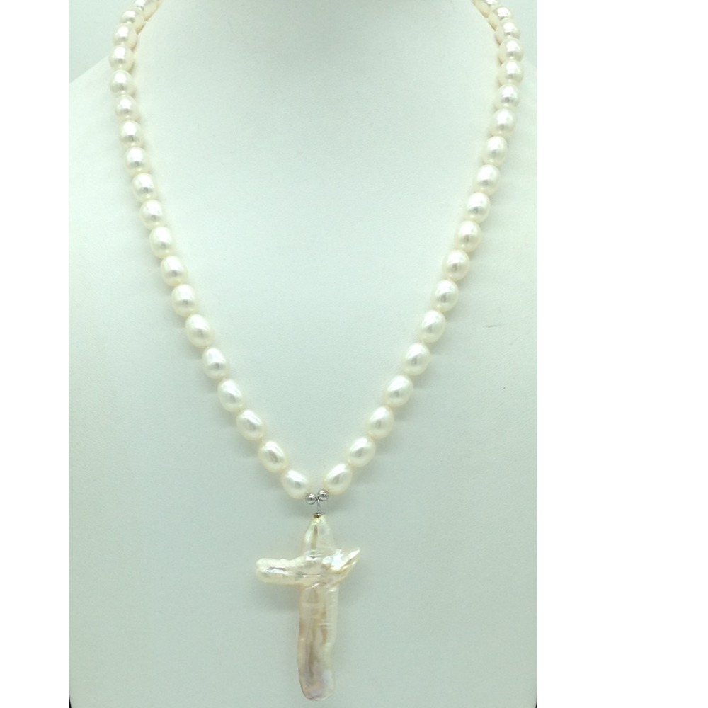 Freshwater white oval pearls mala with cross baroque locket jpm0442