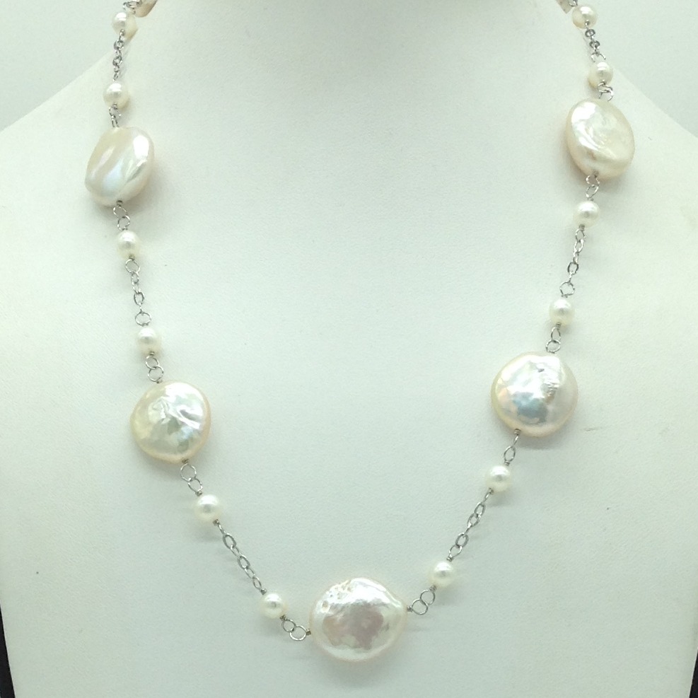 Freshwater White Baroque Pearls With Silver Chain Mala JPM0438