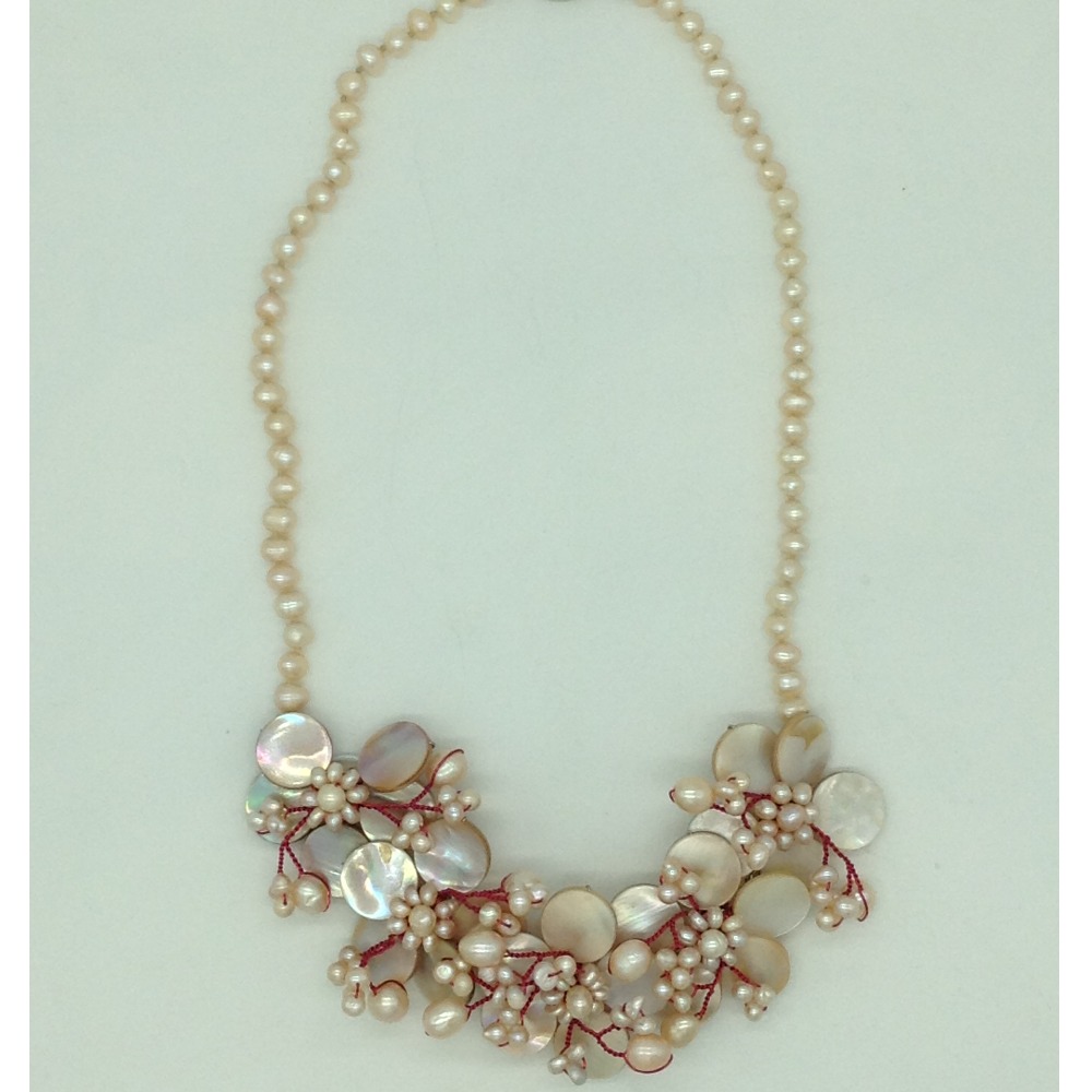 Orange Potato Pearls With MOP Flower Pendent Necklace JPM0436