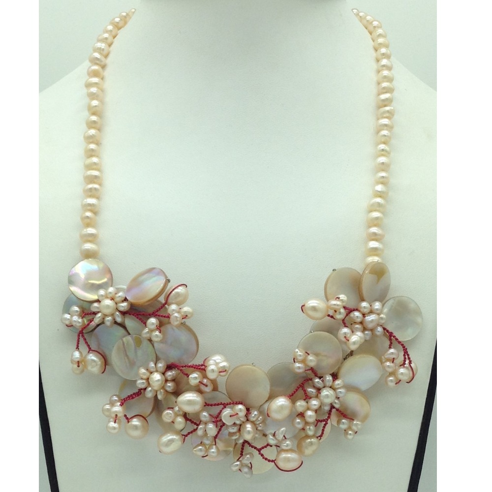 Orange Potato Pearls With MOP Flower Pendent Necklace JPM0436