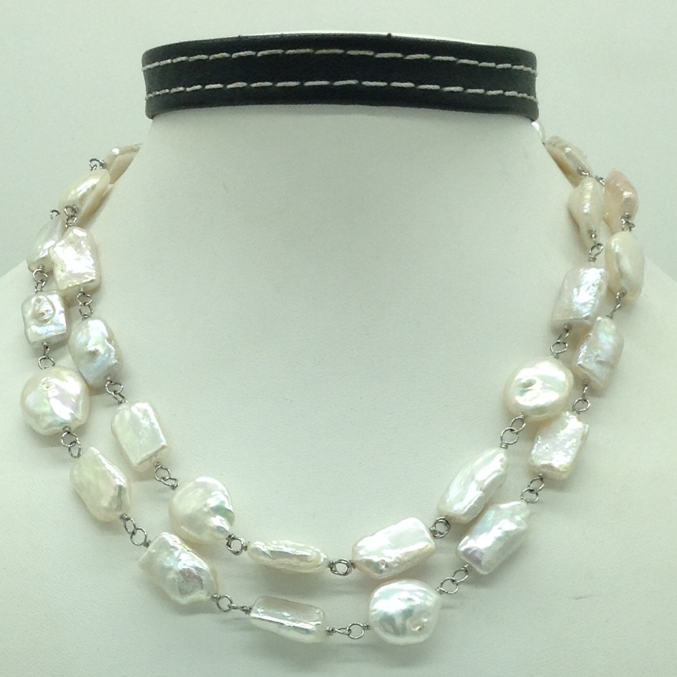 Freshwater white baroque pearls with silver chain long mala jpm0431