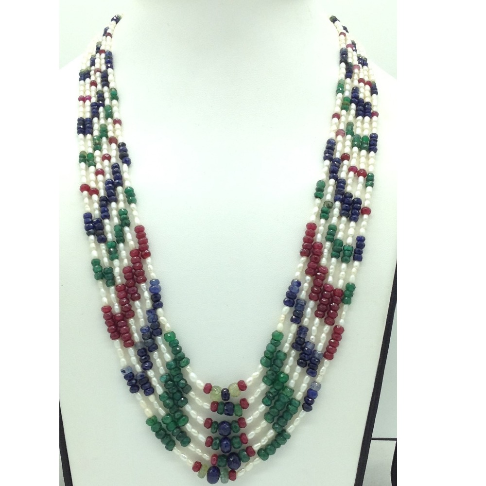 White rice pearls with multicolour stones necklace jpm0429