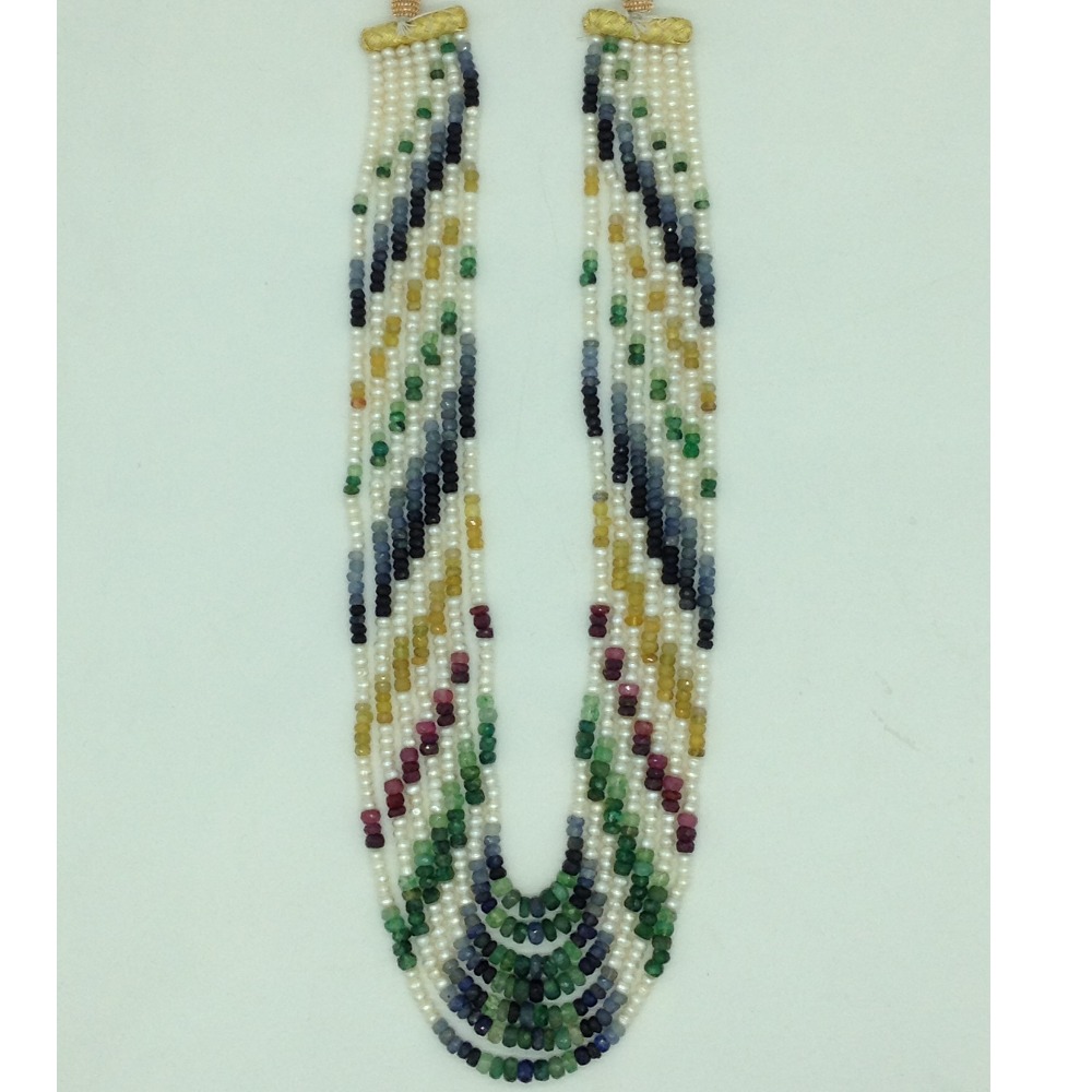 White flat pearls with multicolour stones 7 layers necklace jpm0427