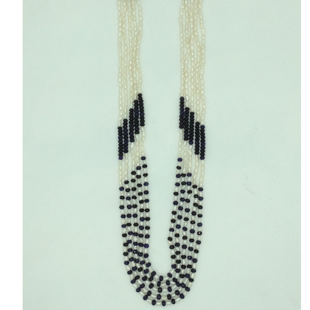 White rice pearls with blue sapphires 5 layers necklace jpm0424