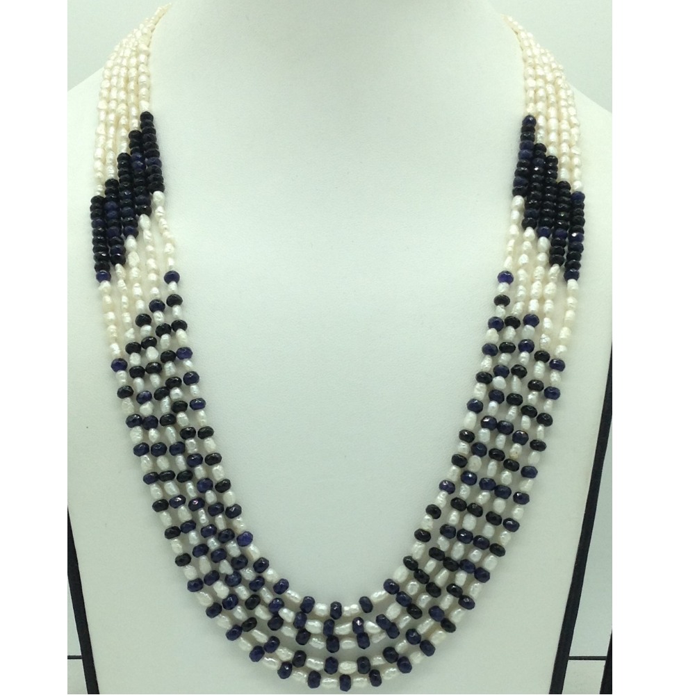 White rice pearls with blue sapphires 5 layers necklace jpm0424