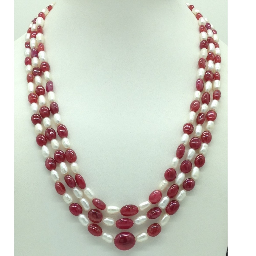 white oval pearls with red ruby 3 layers necklace jpm0419