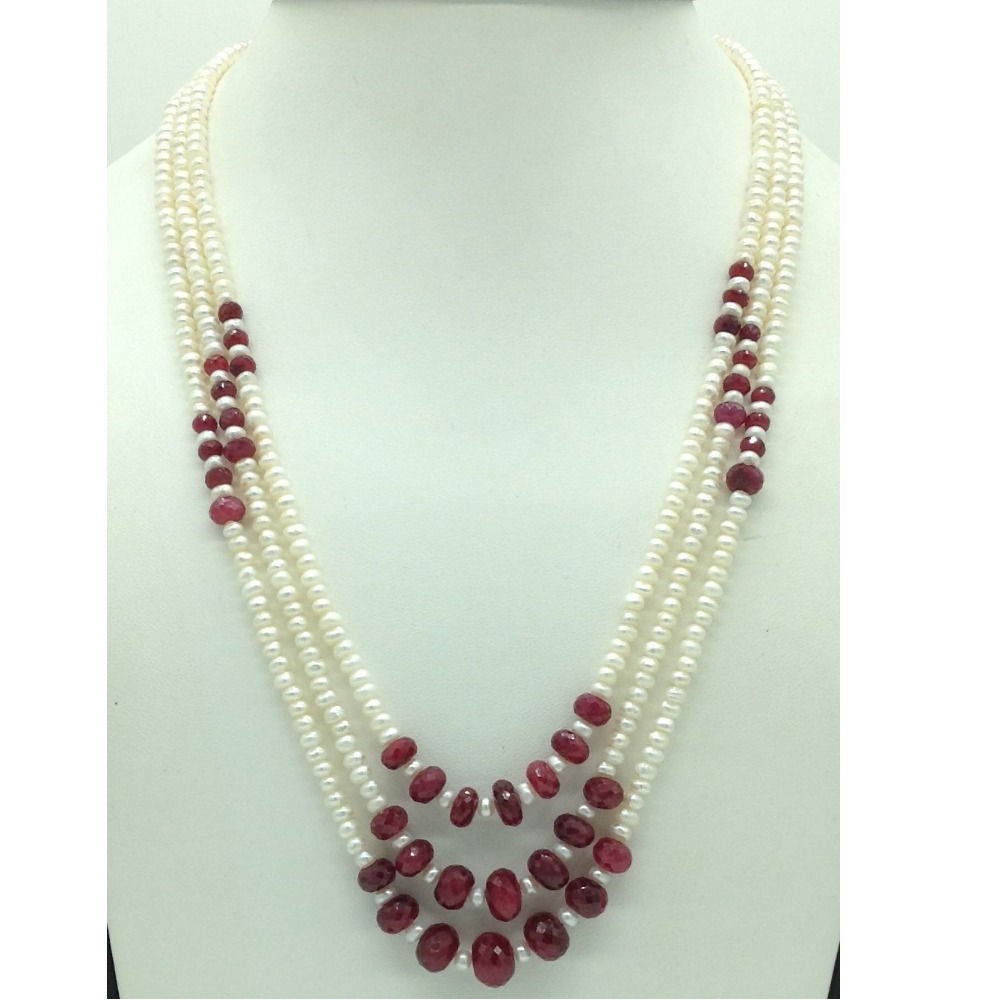 white flat pearls with red ruby 3 layers necklace jpm0416