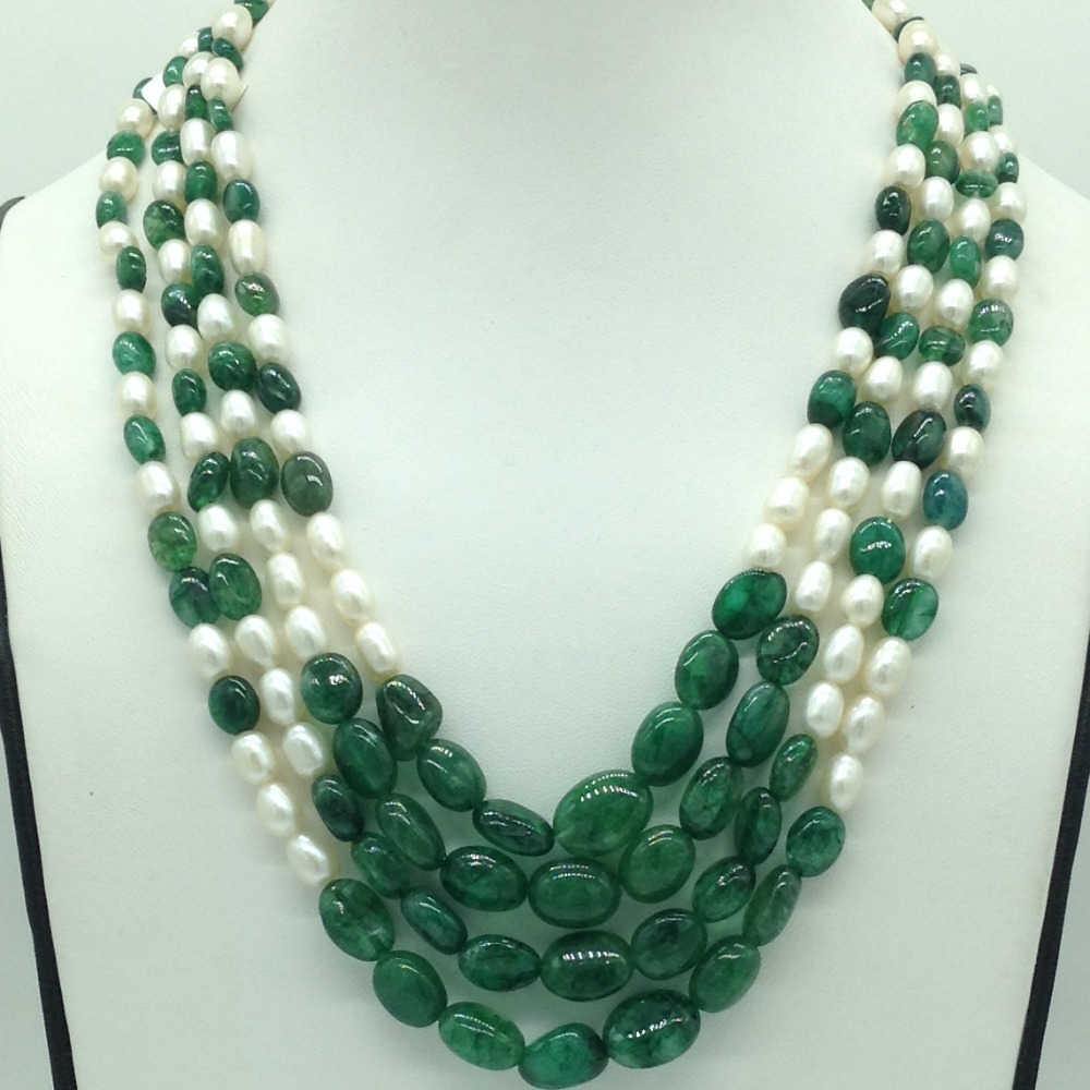 White oval pearls with green bariels 4 layers necklace jpm0413