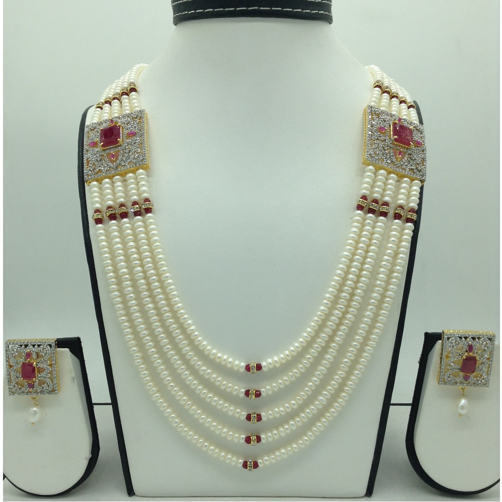 White And Red CZ Brooch Set With 5 Lines Flat Pearls Mala JPS0665