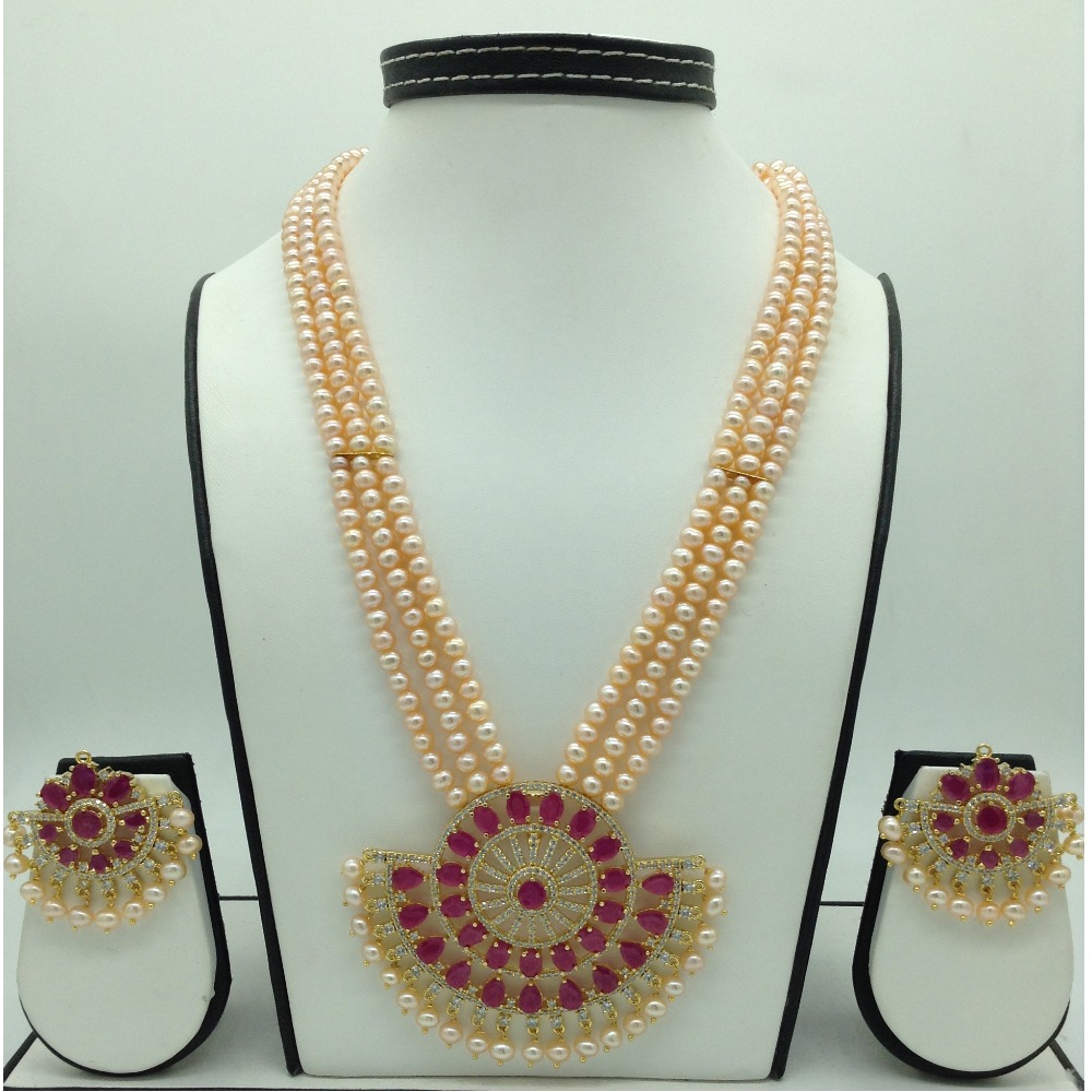 White,red cz pendent set with 3 line orange pearls jps0662
