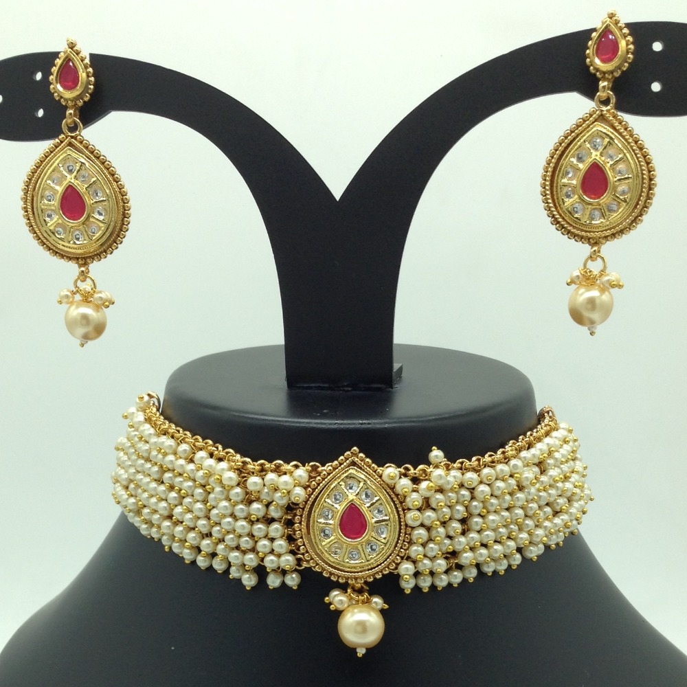 White, red kundan and pearls jali choker set jnc0124
