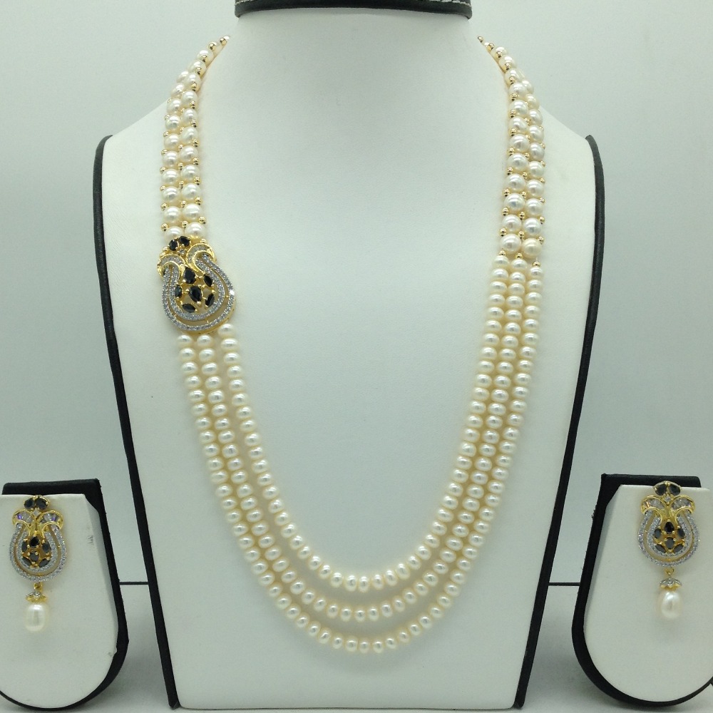Blue And White CZ Broach Set With 3 Line Flat Pearls Mala JPS0657