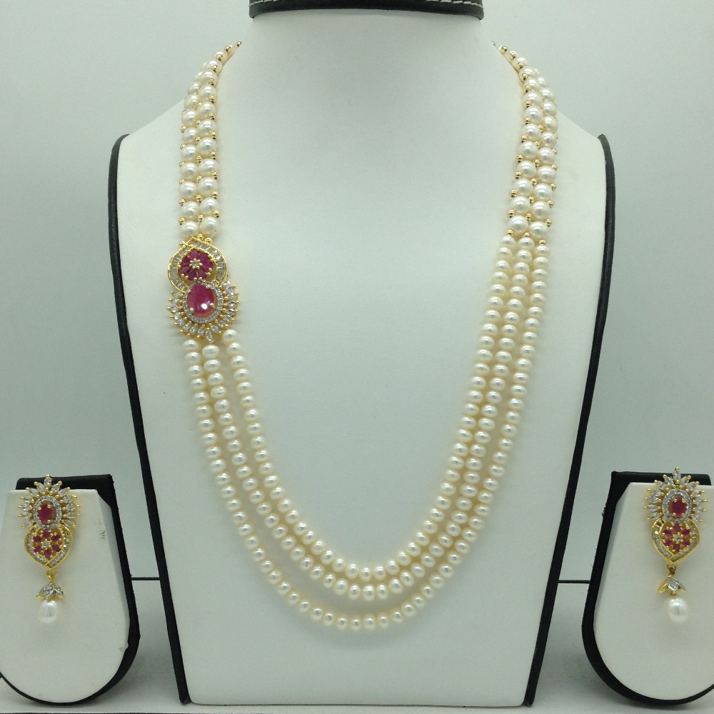 Red And White CZ Broach Set With 3 Line Flat Pearls Mala JPS0656