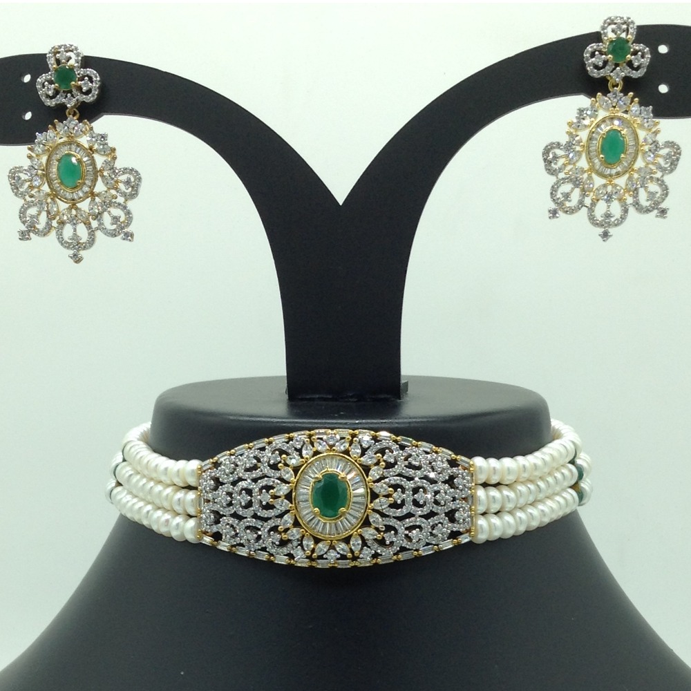 White and Green CZ Choker Set With 3 Line Flat Pearls Mala JPS0655