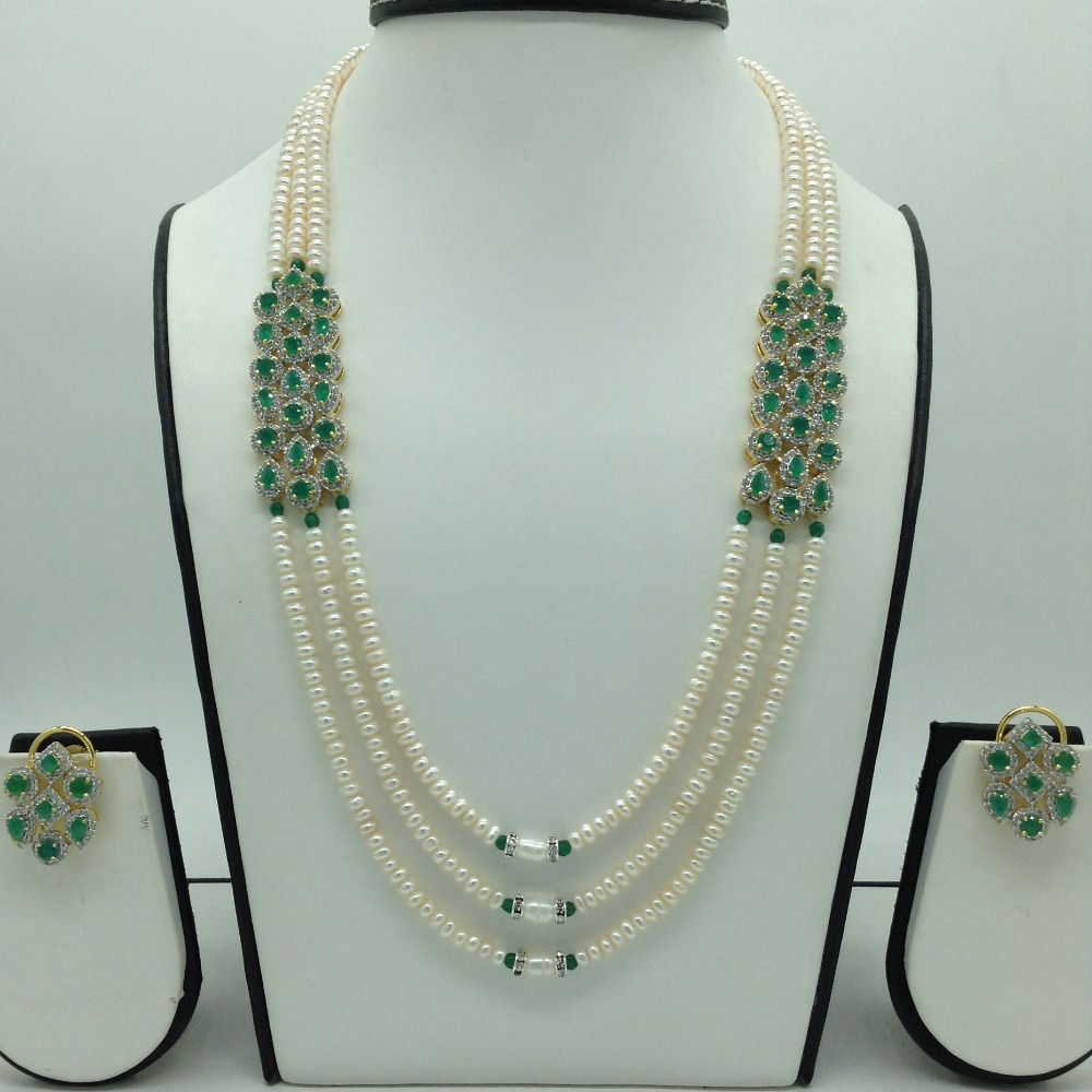 White And Green CZ Brooch Set With 3 Lines Flat Pearls Mala JPS0654