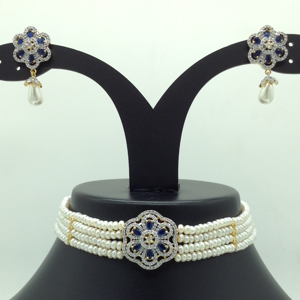 White and blue cz choker set with 4 line flat pearls mala jps0649