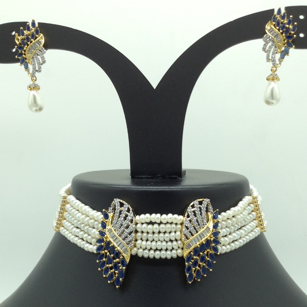 White and Blue CZ Choker Set With 5 Line Flat Pearls Mala JPS0648
