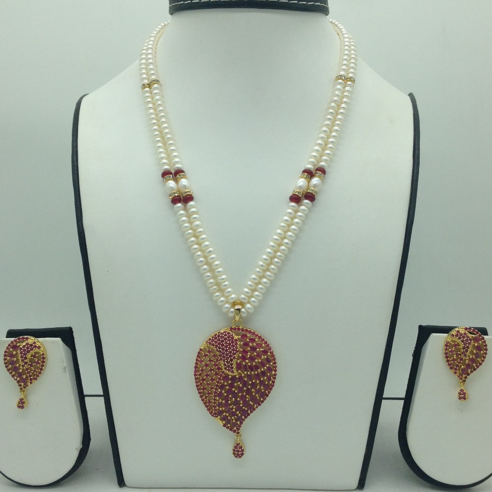 Red cz pendent set with 2 line flat pearls mala jps0647