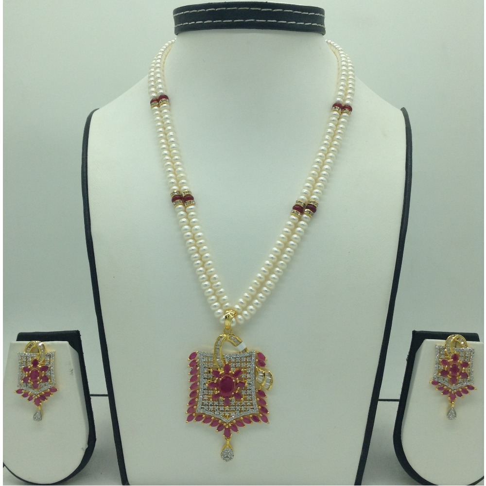 White,red cz pendent set with 2 line flat pearls jps0646