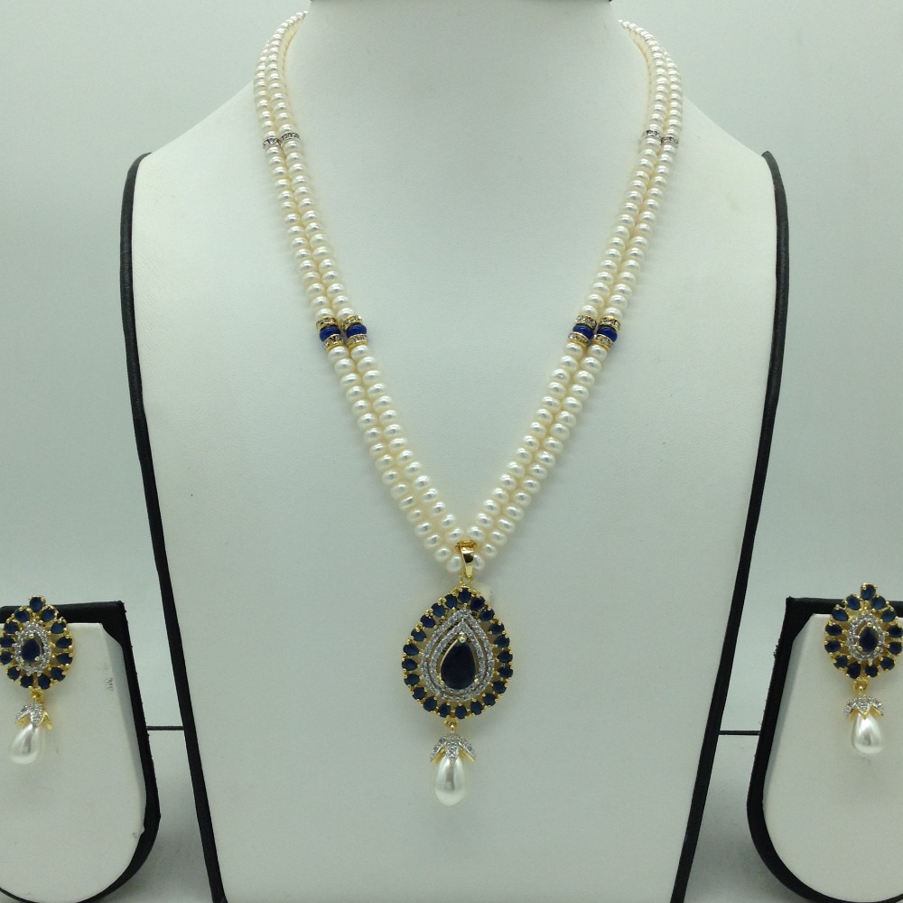 White,blue cz pendent set with 2 line flat pearls jps0643