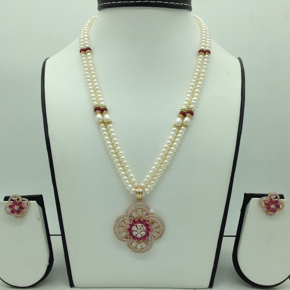 White,red cz pendent set with 2 line flat pearls jps0641