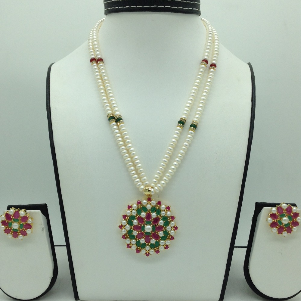Tricolour cz pendent set with 2 line flat pearls mala jps0640
