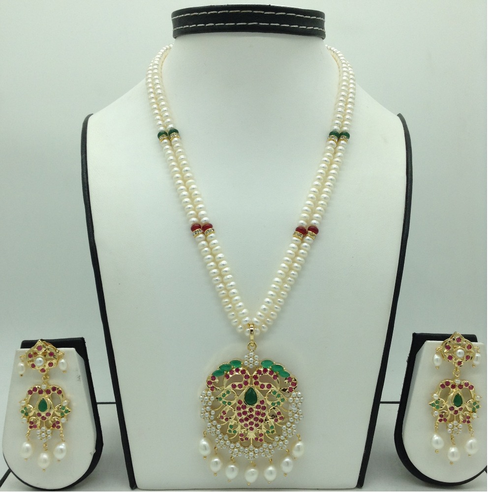 Tricolour cz pendent set with 2 line flat pearls mala jps0638