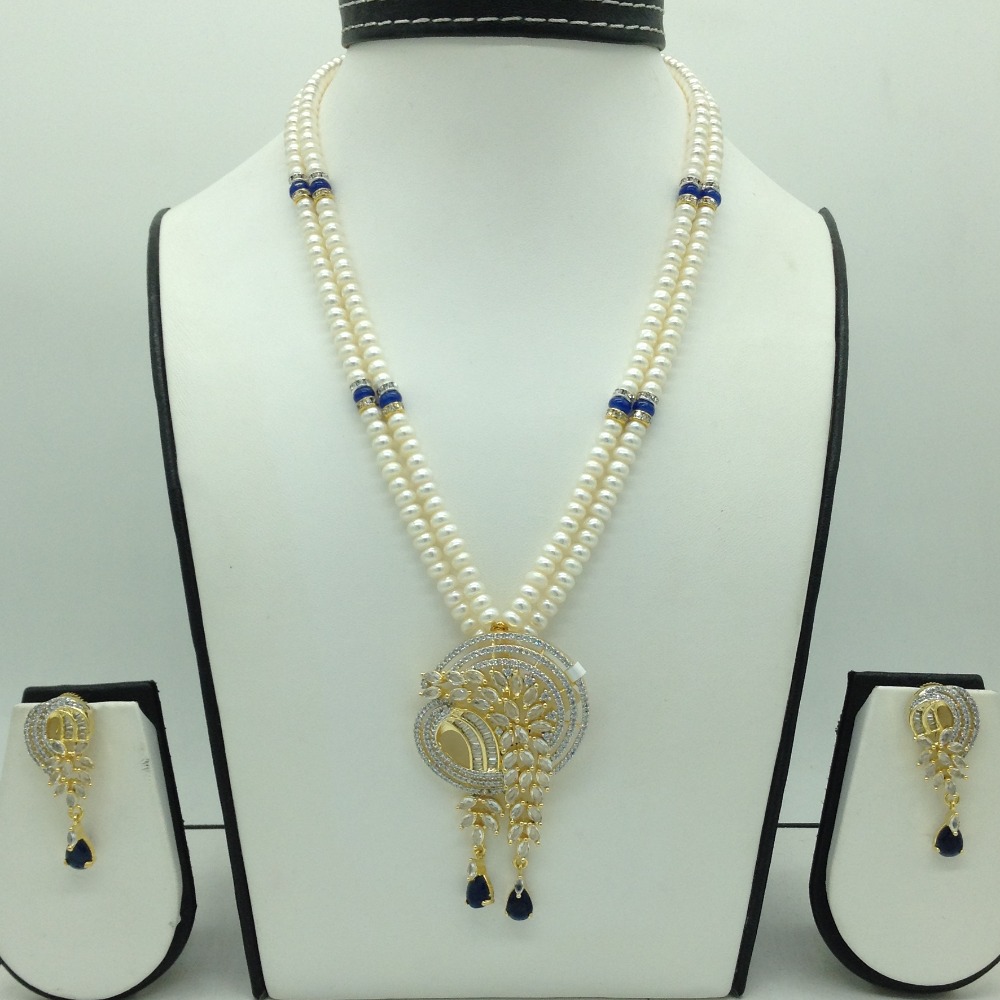 White,blue cz pendent set with 2 line flat pearls jps0636