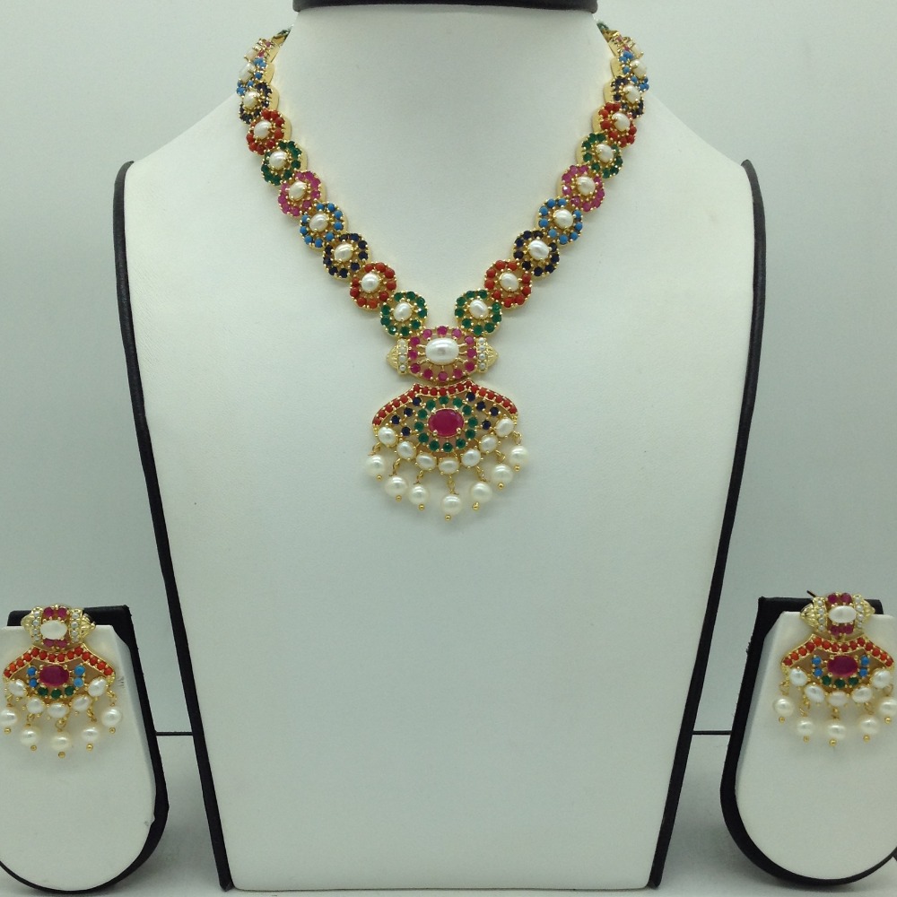 Navratan and white button pearls necklace set jnc0116