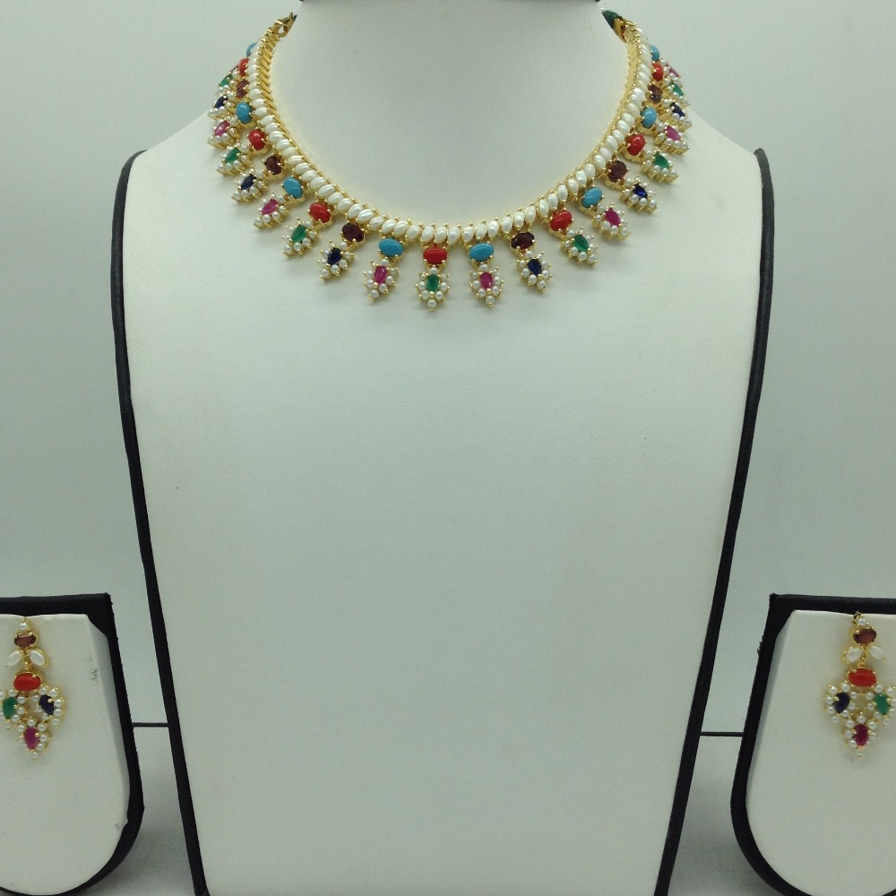 Navratan and white button pearls necklace set jnc0115