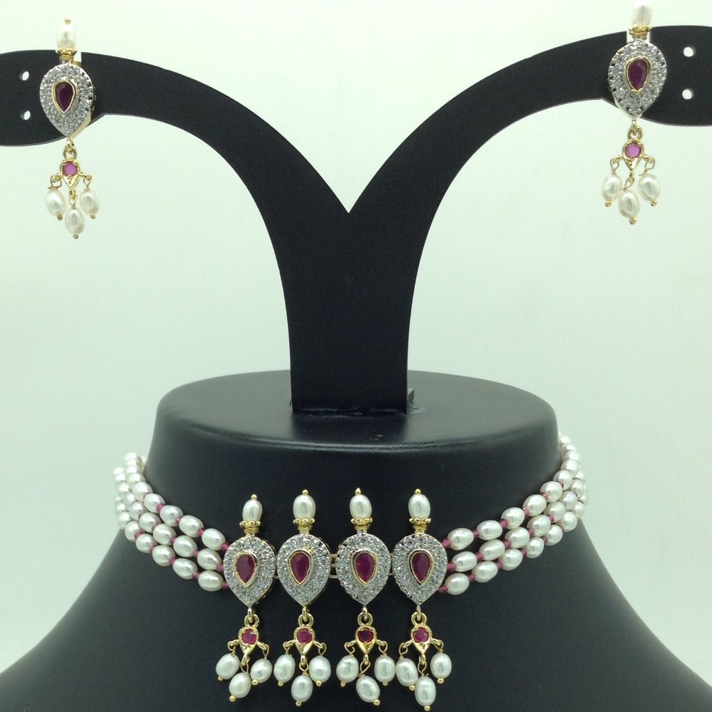 White,Red CZ and Pearls Choker Set With Oval Pearls Mala JPS0629