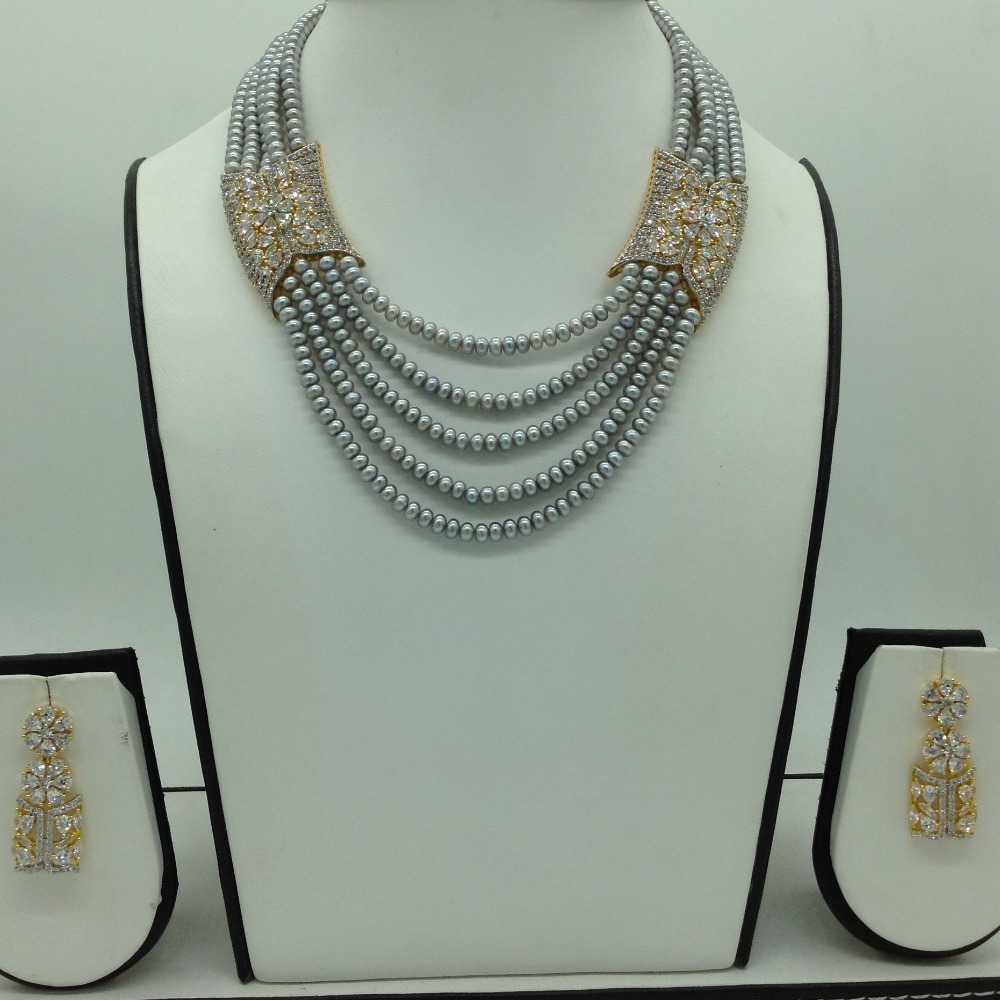 White CZ Choker Set With Grey Pearls Mala JPS0628