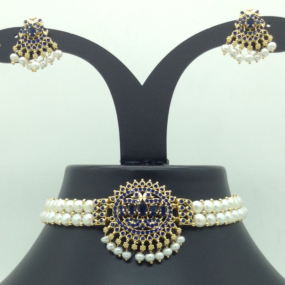 Blue CZ and Pearls Choker Set With Button Pearls Mala JPS0627
