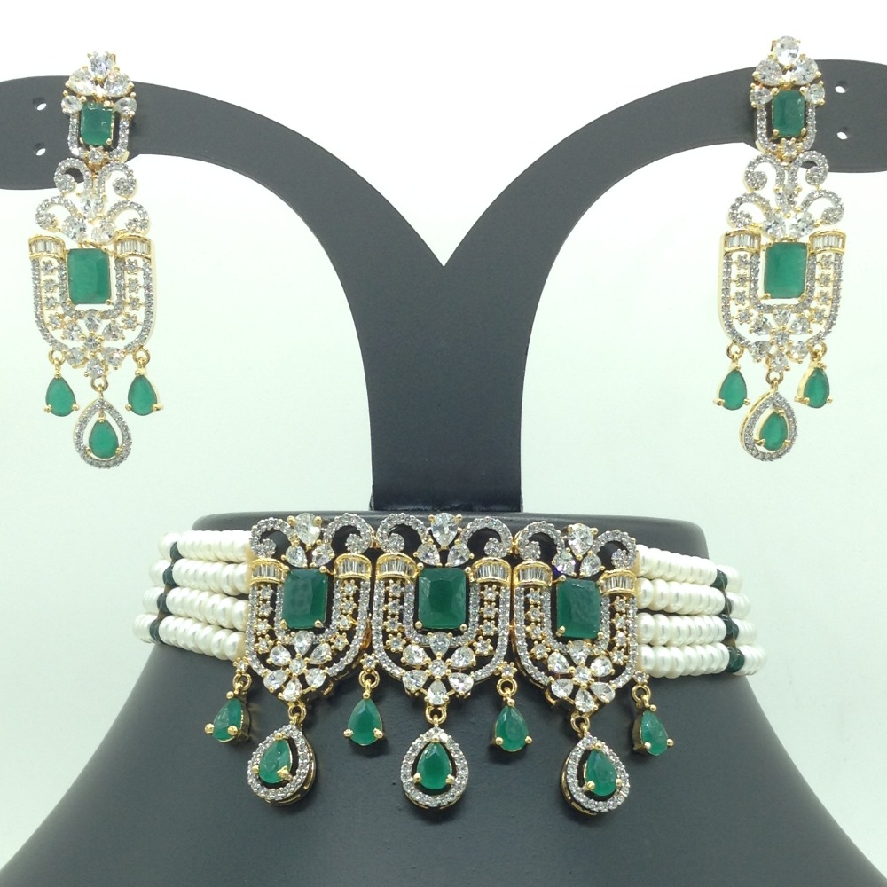 White and green cz choker set with 4 line flat pearls mala jps0623